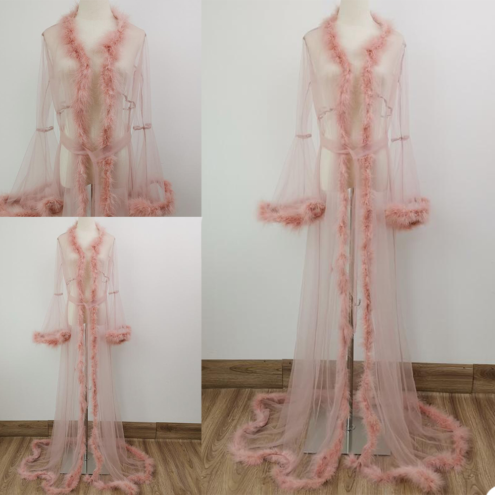 Pink Ruffles Women Winter Luxury Fur Feather Kimono Pregnant Party Sleepwear Full Sleeves Maternity Photoshoot Dress For baby Shower