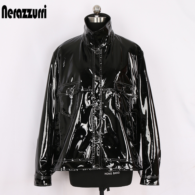 Nerazzurri Black loose patent leather jacket with many pockets long sleeve buttons Plus size faux leather jackets women 5xl 6xl 201226