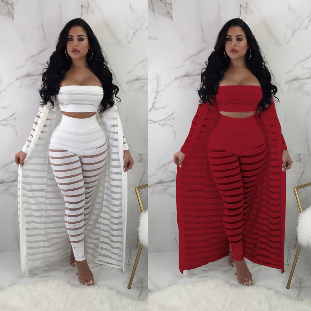 Perspective Sexy 3 Piece Set Women Cardigan Long Cloak Coat + Crop Tops + Pants Set Summer Outfits Three Piece Stripe Tracksuit T200603