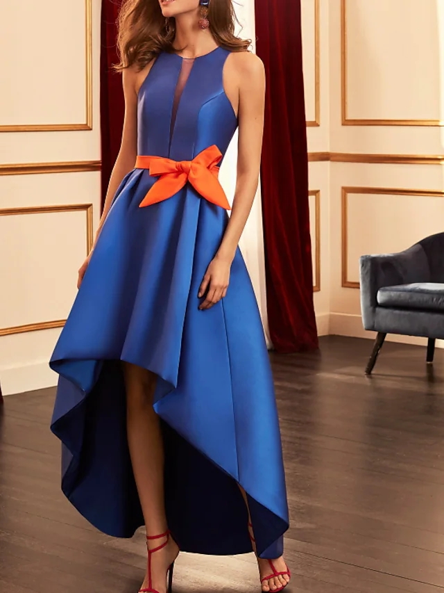 Royal Blue Elegant Prom Evening Dress Scoop Sleeveless Asymmetrical Satin with Bow Formal Party Gown Robes De Soirée Vestidos Longo 2022