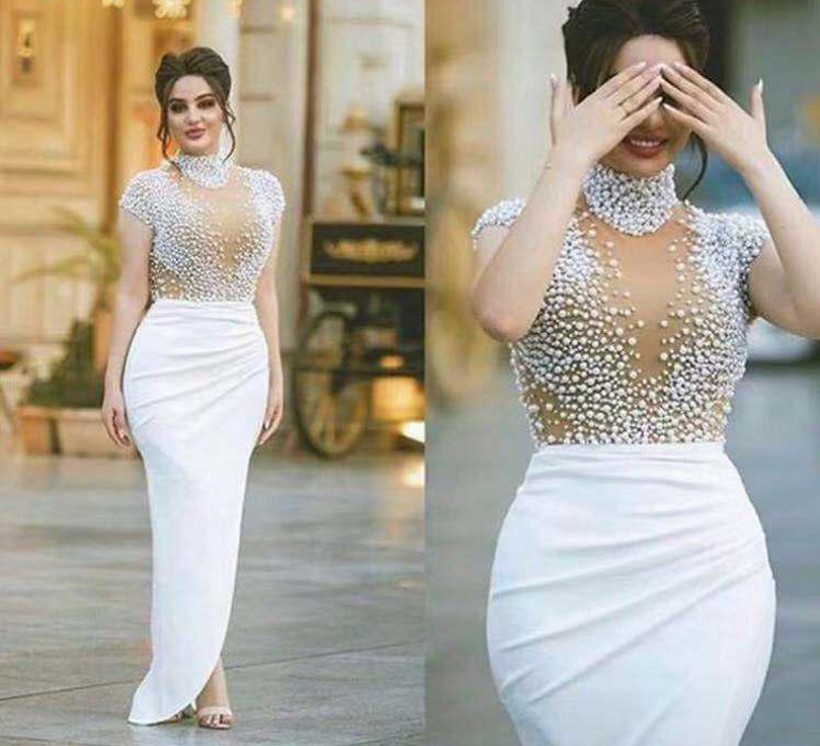 2022 Evening Dress Elegant New Arrival Vestido De Novia Pearl Split Wrapped High Neck African Women Prom Formal Gowns Robe De Soiree Vestidos Longo