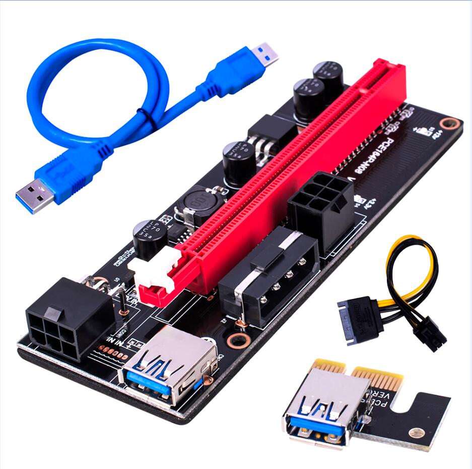 

Black Pcie Riser Ver 009s Card PCI E 1X 4x 8x 16x Extender USB 3.0 Cable SATA to 6Pin Molex Adapter For BTC Mining