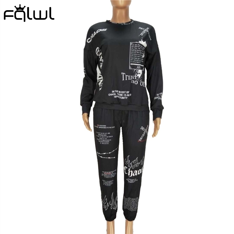 FQLWL Letter Print Loose 2 Two Piece Set Women Outfit Streetwear Tracksuit Oversized Sweatshirt Joggers Women Pants Matching Set T201031