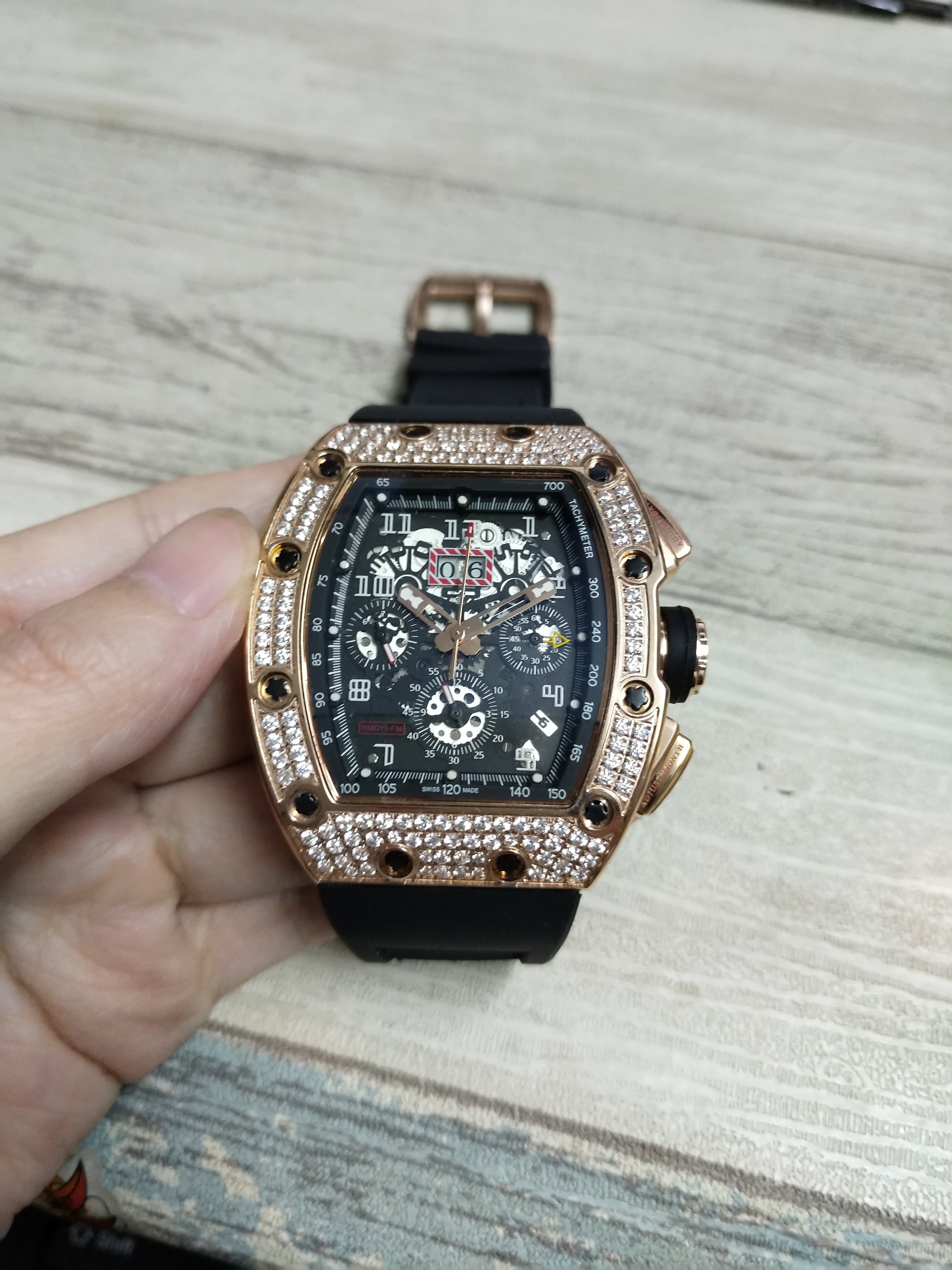 New arrival men's sport watch Male watches mechanical wristwatch skeleton dial diamonds bezel black rubber strap rose gold watchcase 020