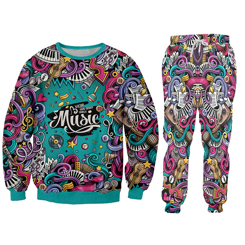 UJWI 3D Print Men 2 piece set Music Note instrument Party Hip Hop jogger Tracksuit Jacket Sweatsuit Sweatshirt Hoodies sports 201130