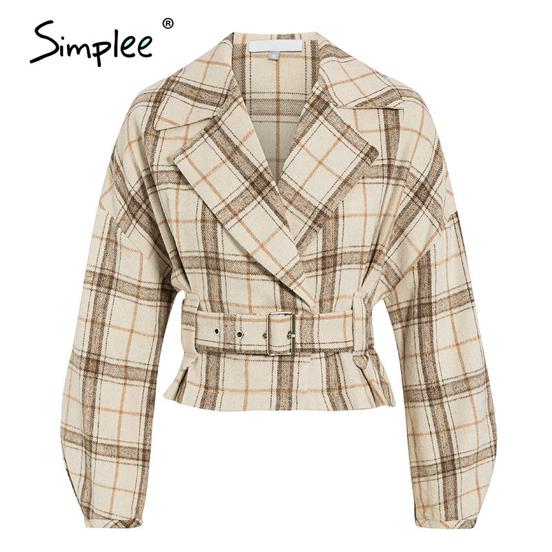Simplee Women Fashion Plaid Artificial Woolen Coats Autumn Winter Female High Street Belt Short Jackets and Coats Ladies 201030