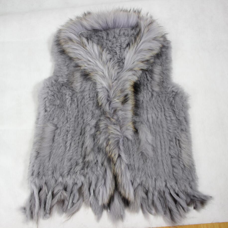 New Real ladies Genuine Knitted Rabbit Vest With Raccoon Trimming Waistcoat Winter Jacket harppihop Fur 201110