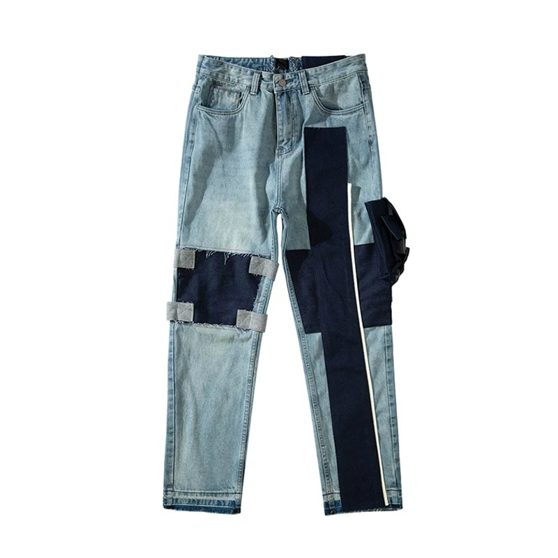 Strapped Pocket Distressed Jeans Slim Tapered Biker Jeans Hip Hop Streetwear Non-stretch Cotton 201111