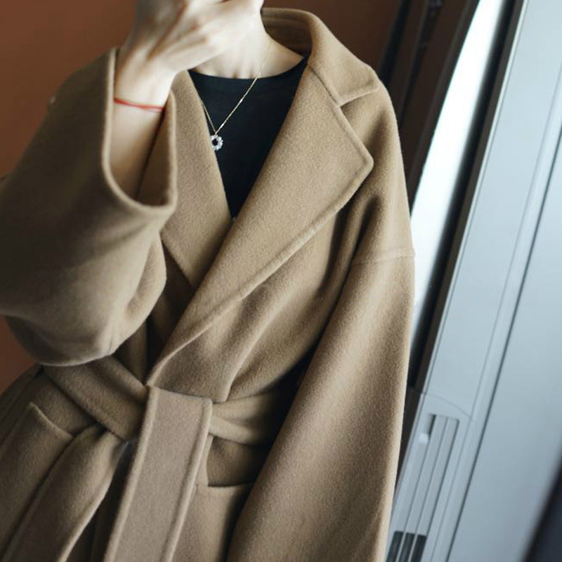 100% Wool Coat Female Office Lady Side Cut Turn-down Collar Outwear Long Black Camel Women's Coats with Belt 201027