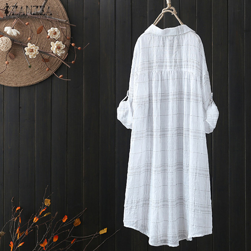 ZANZEA Autumn Button Down Linen Top Women Plaid Blouse Female Lapel Casual Long Sleeve Shirt Women Work Blusas Plus Size T200322