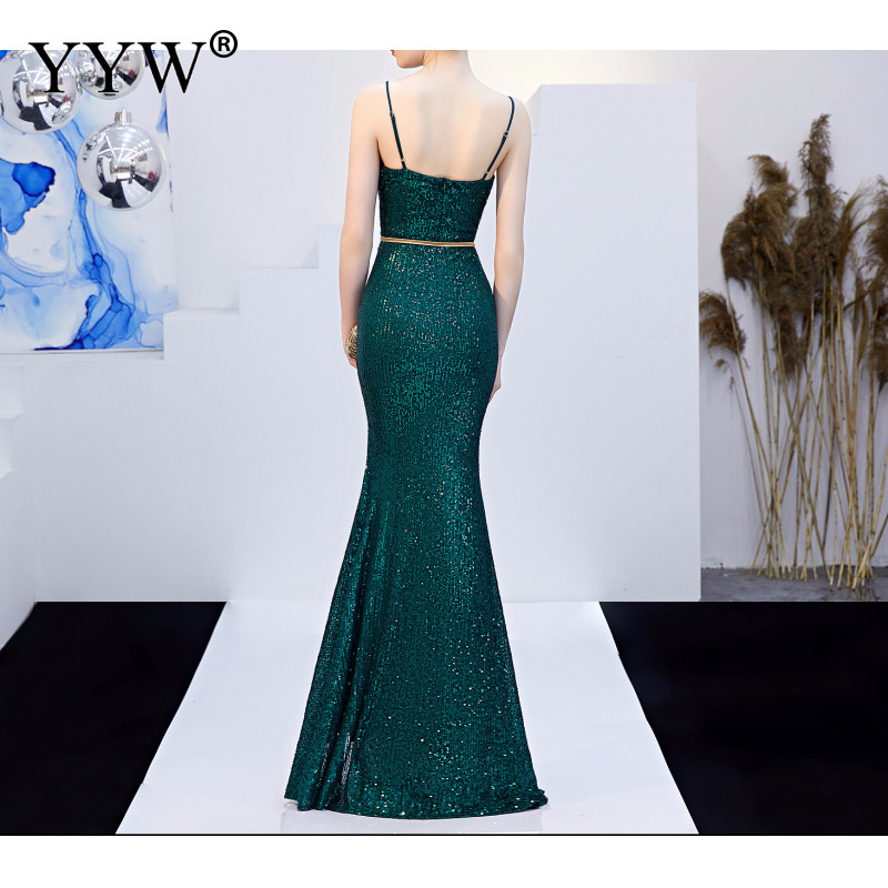 Sexy Sequined Evening Dress Robe De Soiree VNeck Sleeveless Backless Mermaid Long Robe Side Slit Off Shoulder Party Dress 201114