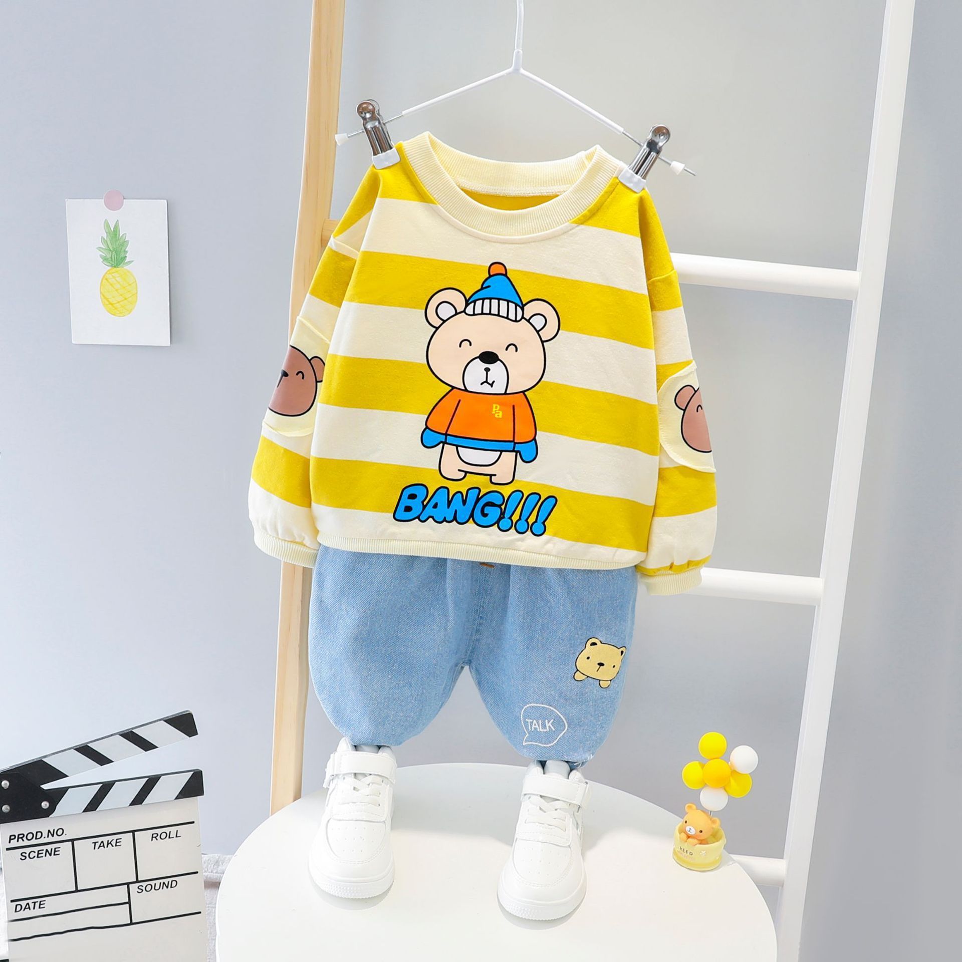 2020 Autumn Winter New Fashion Long Sleeve Clothing Set Stripes Cartoon Bear Pattern Shirt+Denim Jeans Pant 2Pcs Tracksuit BebesX1019