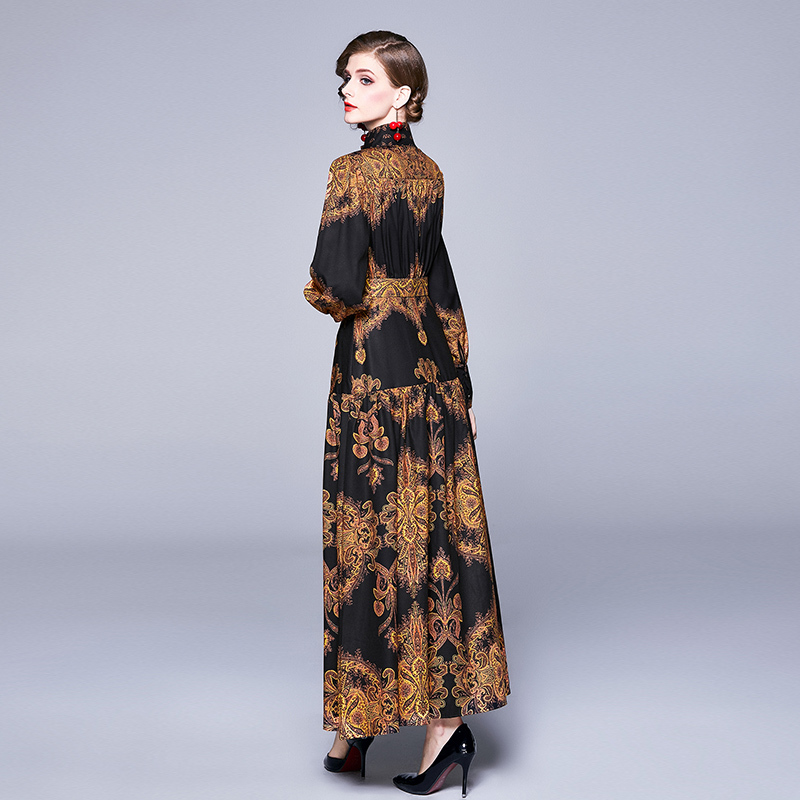 Banulin Autumn Runway Winter Long Dresses Women Lantern Sleeve Vintage Floral Print Casual Maxi Dress Robe Longue Femme ete 201029