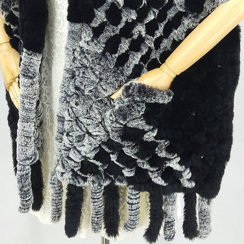 Winter Knitted Real Rex Rabbit Fur Scarf with Pocket Wide Women Natural Rabbit Fur Tassel Shawl Warm Long Fur Scarves LJ201111