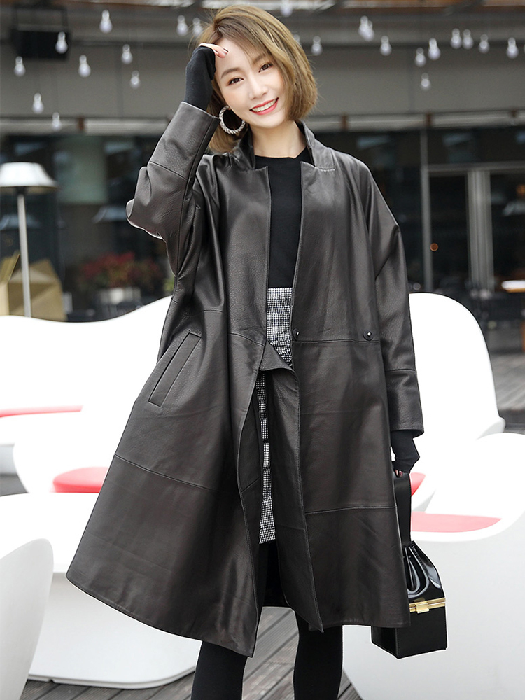 Lautaro Black oversized leather jacket women batwing sleeve Casual soft loose wrap coat Plus size faux leather streetwear women 201226