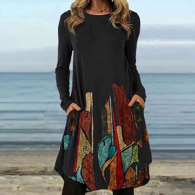 Women Pocket Long Sleeve Loose Irregular Dress Fall Patchwork Pattern Print A-line Dress Vintage Round Neck Party, Black;gray
Women Pocket Long Sleeve Loose Irregular Dress Fall Patchwork Pattern Print A-line Dress Vintage Round Neck Party, Black;gray