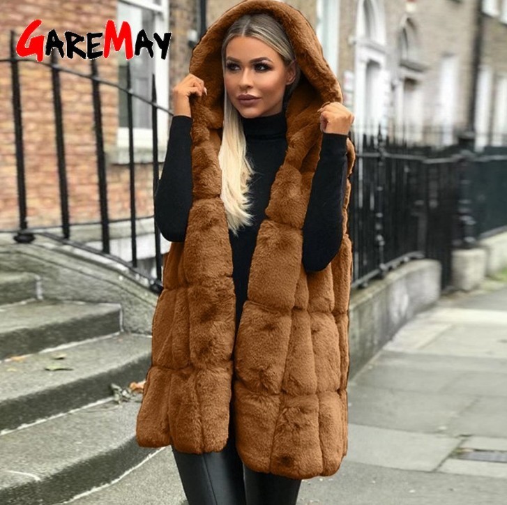 Faux Fur Vest women's Winter Sleeveless Casual long coat Female Fluffy Plush Vest Hooded Overcoats For women Fur Jacket S-2XL 201029