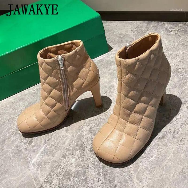 Graid Square Toe Ankle Boots For Women Real Leather Side Zip Runway Shoes Woman Spike High Heels Short Boots Celebrity Botas1, Apricot