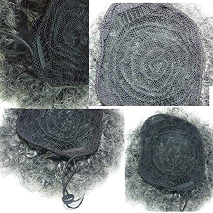 With salt and pepper drawstring gray ponytail human hair extension afro kinky curly puff bun updo silver grey natural highlights pony tail hair piece 