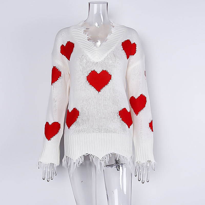 Sweaters women winter jumpers knitted clothes fashion Women white Burr Pullover knit sexy V-neck love print sweater female 201130