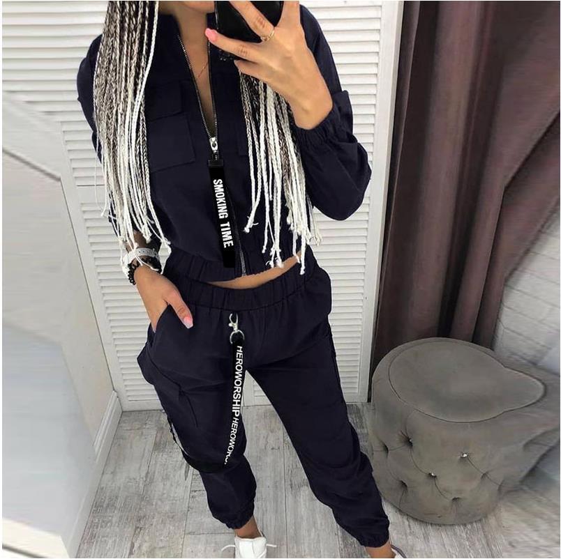 Women Casual Solid Color Two Piece Sets Autumn Long Sleeve Zipper Tops and Long Pants Suits Ladies New Overalls Set Pocket 201119