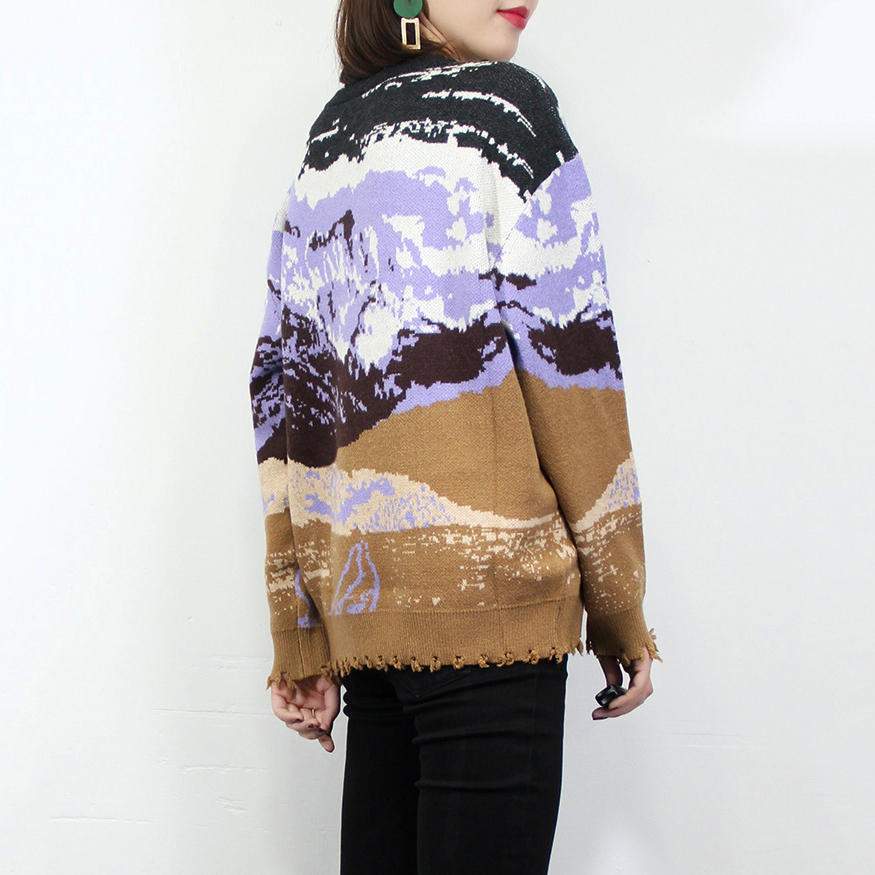 Sale promotion Women Jacquard-knit Sweater Dropped Shoulder Oversize Pullover Snow Mountain Landscape Sweater C-004 201111