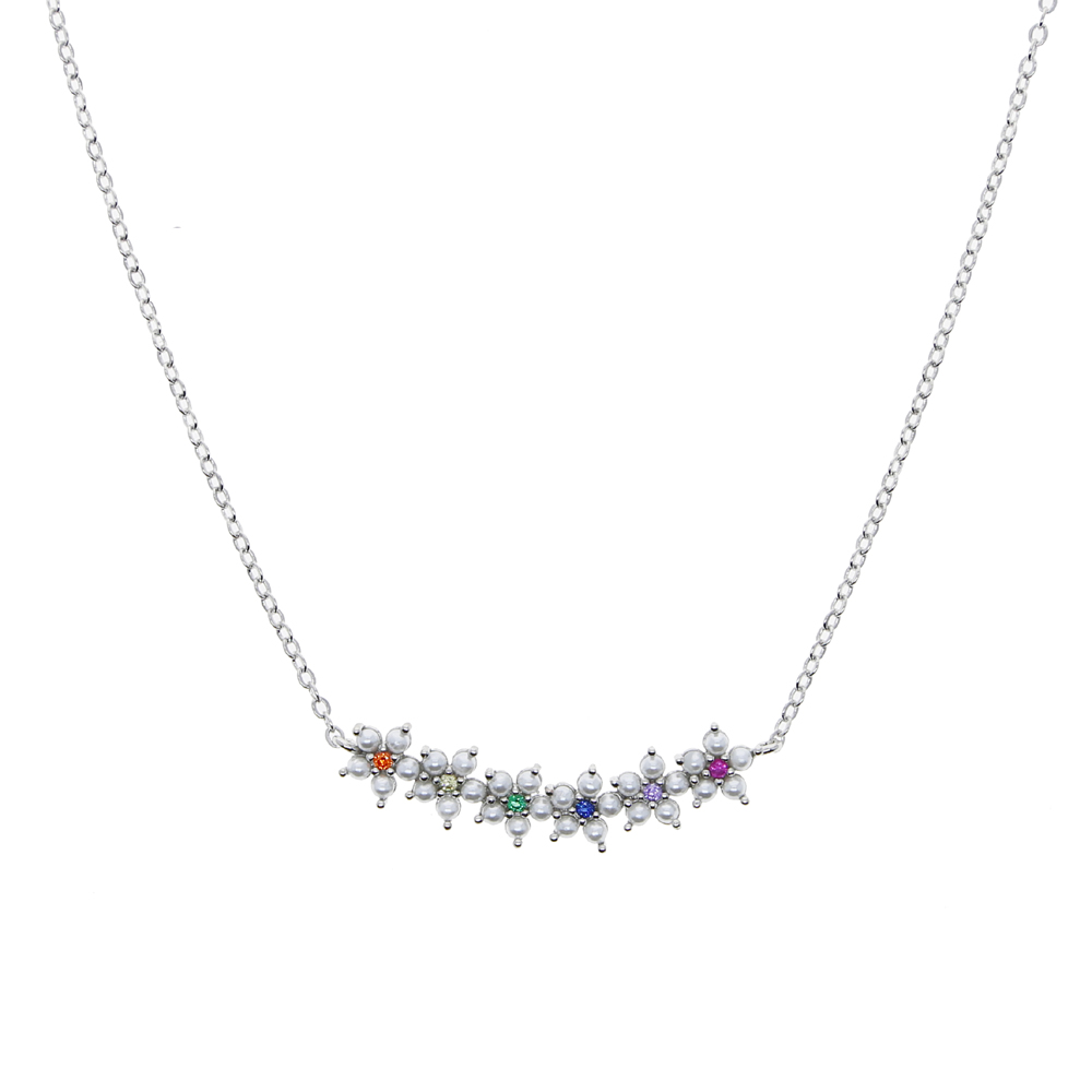 2021 Gold Color Micro Pave Colorful Rainbow Cubic Zirconia Cz Pearl Beaded Flower Charm Cute Lovely Delicate Dainty Cz Women Necklace