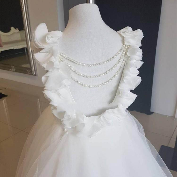 White Flower Girl Dresses For Wedding with Pearls Tulle Floor Length Backless Party Gown Junior Bridesmaid Girls Dress