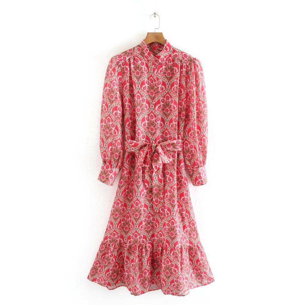 Women Summer Mididress New Fashion with Turndown Collar Floral Long Sleeve Dress Casual Elegant Long Pink Dress Vestidos T200619