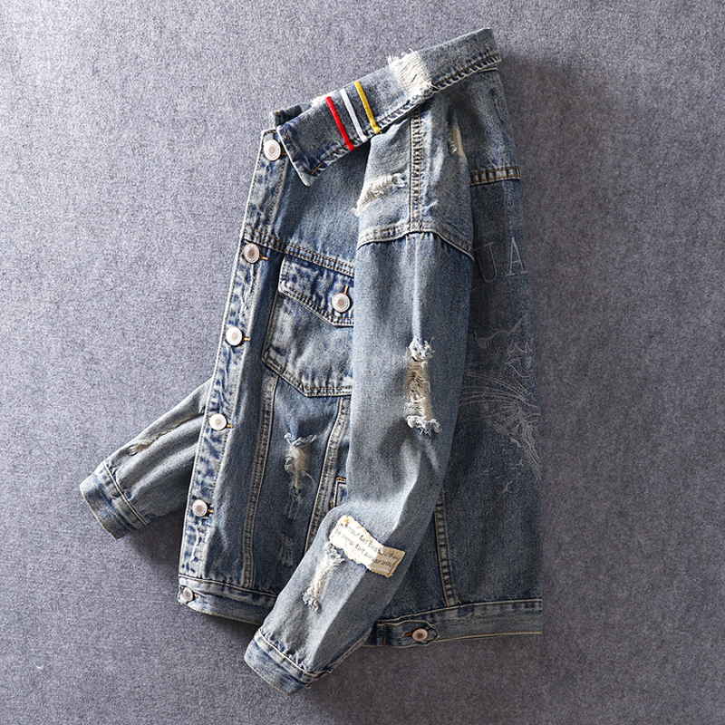 Fashion Streetwear Men Jacket Retro Blue Destroy Ripped Denim Jacket Men Coat Tiger Embroidery Stripe Hip Hop Jean Jacket Hombre T200502