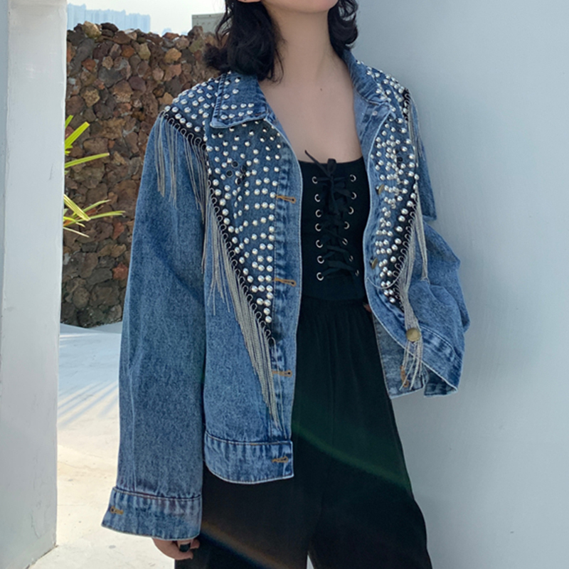 PERHAPS U Women's Denim Blue Black Gray Jacket Button Long Sleeves Jean Turn Down Collar Pocket Rivet Tassel C0505 201112