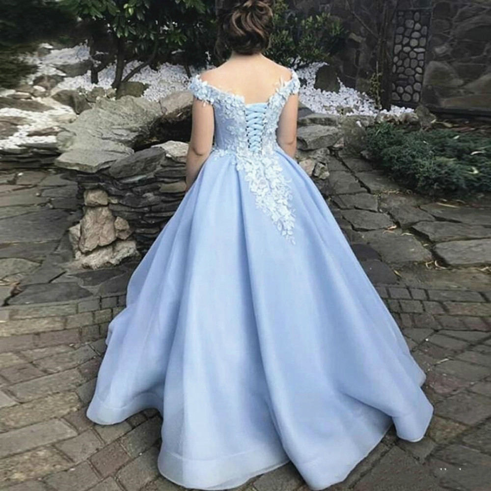 Elegant Light Sky Blue Prom Dresses A Line V Neck Off Shoulder Sleeveless Long Formal Evening Gowns Appliques Lace Floral Special Occasion Dress