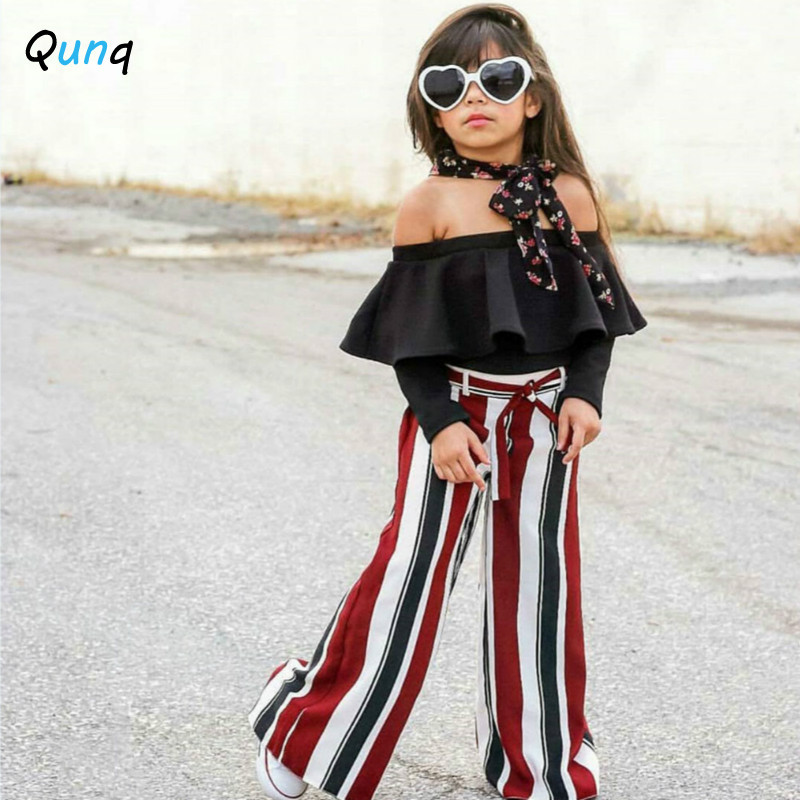 Girls Clothes European and American Fashion Style Kids Suits for Girls Spring Fall Ruffle Striped Children Clothing SetX1019