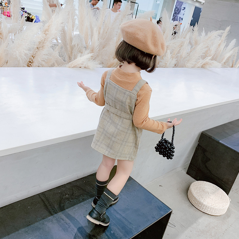 Korean Two Piece Set Baby Girls Knitted T-shirt + Suspender Dress Plaids Outfits Streetwear Toddler Kids Clothes 1 to 6 yrsX1019