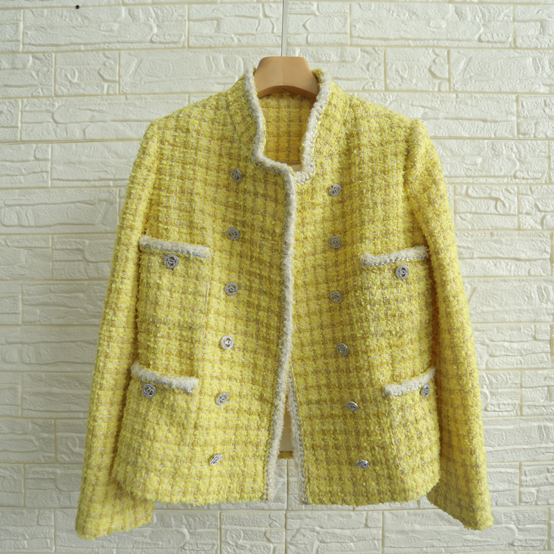 High Quality Runway Women Tweed Jacket Autumn Office Ladies Double Breasted Crystal Buttons Kpop Yellow Plaid Jackets Coat 201014