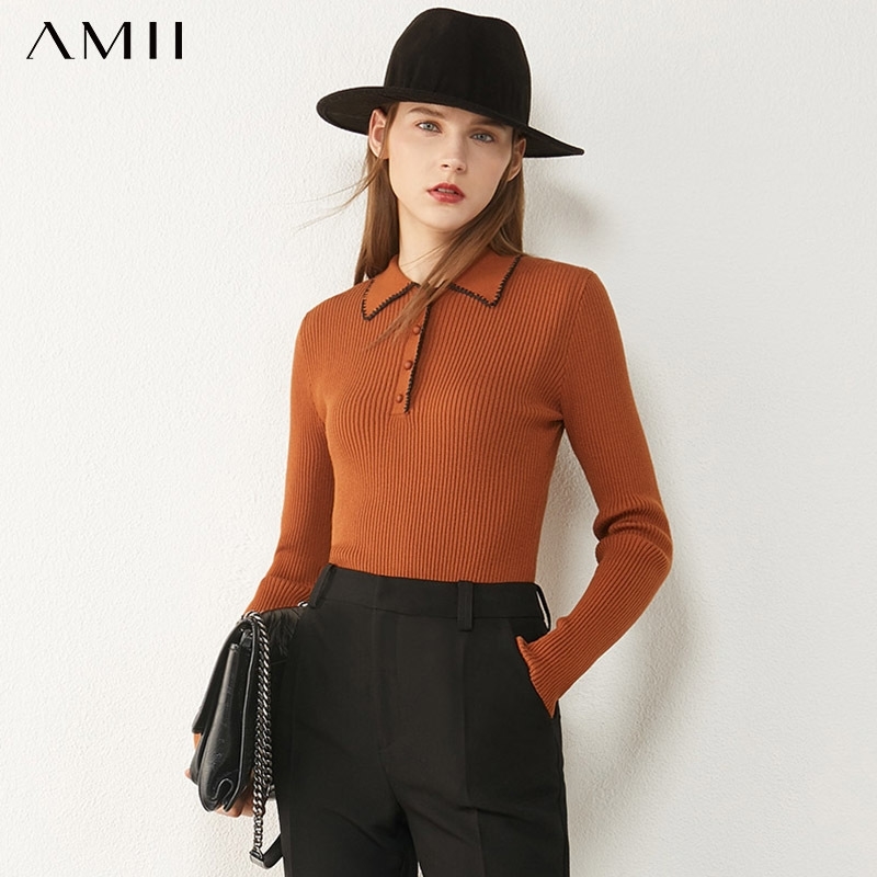 AMII Minimalism Autumn Winter Women's Sweater Temperament Spliced Slim Fit Lapel Women Pullover Female Sweater Tops 12030393 201031