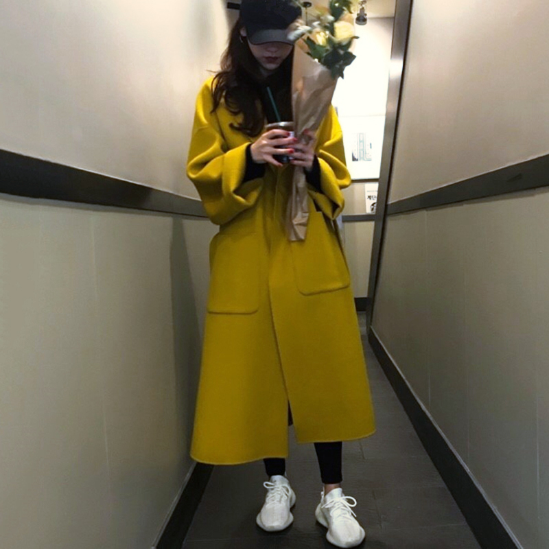 EWQ Autumn W Thick Warm Yellow Winter Coat Women Plus Size Long Women Outerwear Korea High Quality Woolen Coat QL2817 201222