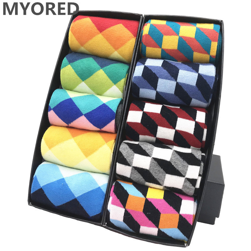 MYORED Mens Colorful Casual Dress Socks Combed Cotton Striped Plaid Geometric Lattice Pattern Fashion High Quality