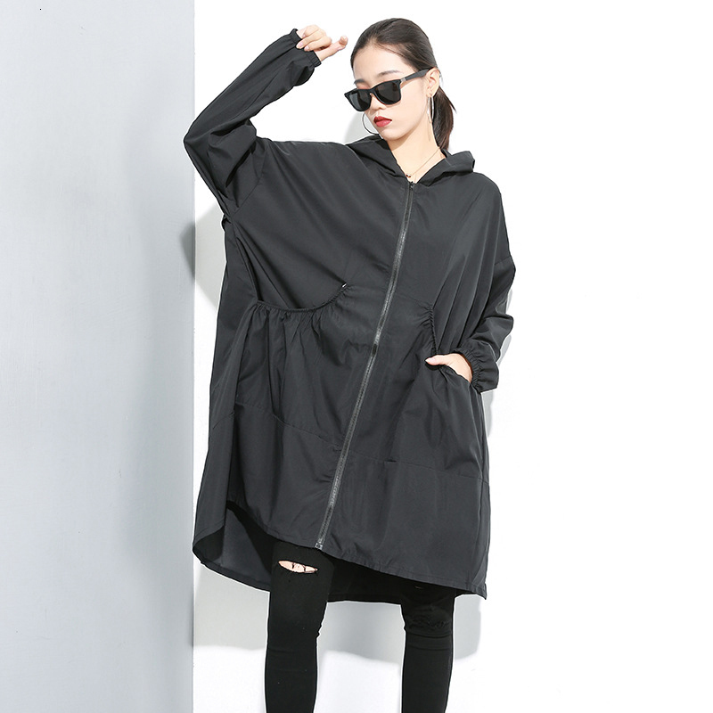 [EAM] Women Black Ruffles Big Size Thin Trench New Hooded Long Sleeve Loose Fit Windbreaker Fashion Spring Autumn 1M007 201028