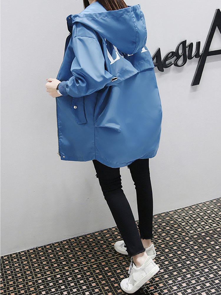 Korea Casual Trench Coat New Fashion Women Long Sleeved Hooded Letter Printed Medium Long Loose Windbreaker Autumn Coats 201211