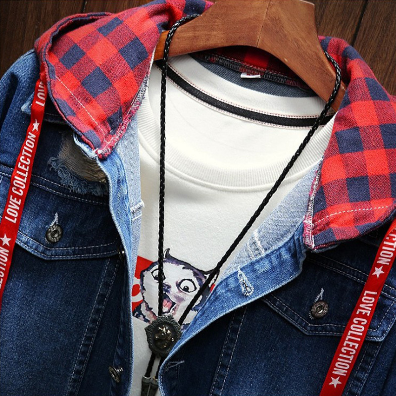 2020 Spring Autumn Fashion Jacket For Men Plaid Stripe Spliced Ripped Denim Jacket Men Youth Streetwear Hip Hop Jacket Hooded T200502