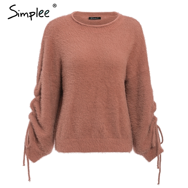 Simplee O-neck soft mohair pullover sweater Women drawstring drop sleeve sweaters female tops Casual streetwear knitted jumpers 201130