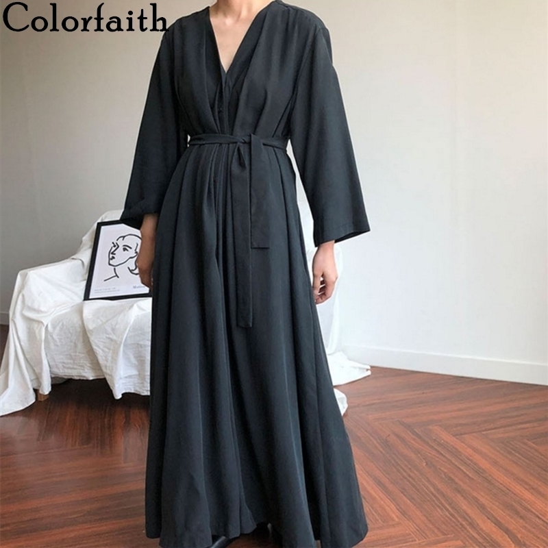 Colorfaith New Women Autumn Winter Dresses Lace Up Casual Buttons Fashionable V-neck Vintage Oversize Long Dress DR1177 201008
