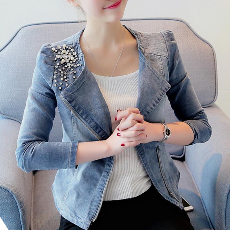 Women Denim Jackets Casual Slim Pearl Bead zipper Jeans Coat Female 201017
