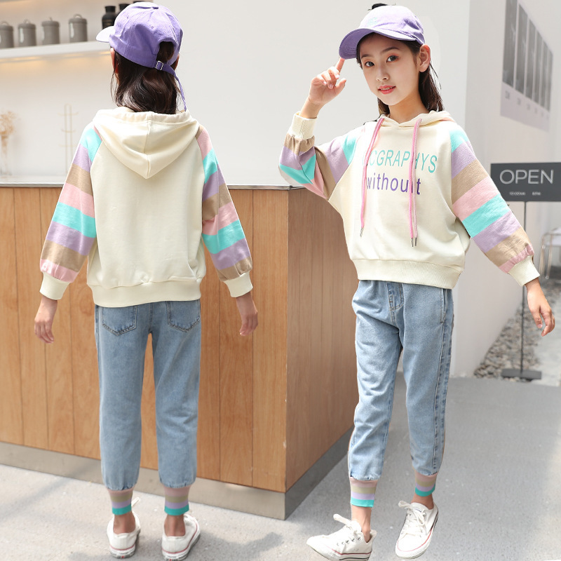Children Clothing New 2020 Autumn Winter Teens Girls Clothes Hoodies+Jeans2pcs Outfit Kids Sports Suit For Girls Clothing SetsX1019
