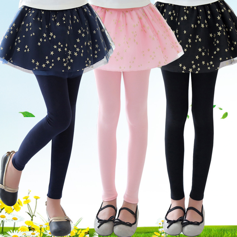 Sequined Stars Girls Legging Skirt-pants Tutu Mesh Golden Star Big Girl Elastic Leggings Children Culottes For 3-12 Years Kids LJ201019