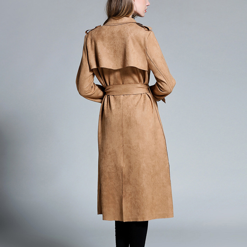 Autumn Winter Suede Women's Long Trench Coats Camel Sashes Windbreaker Coat Pink Armygreen Gray Outerwear 201102