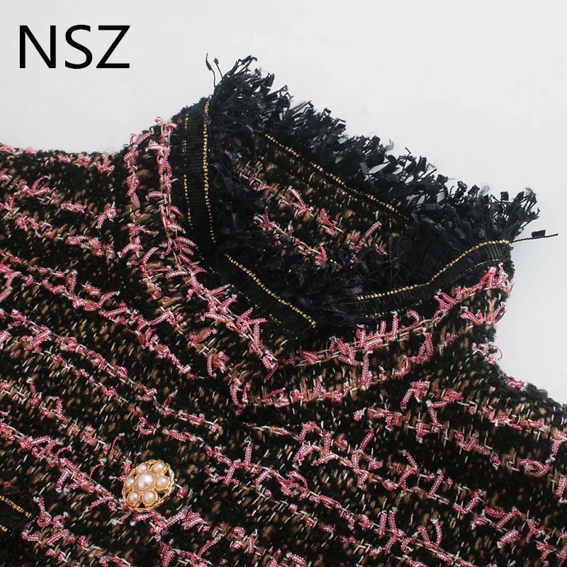 NSZ women houndstooth tweed cropped jacket long sleeve tassel plaid short coat pearl button contrast color motorcycle jacket 201017