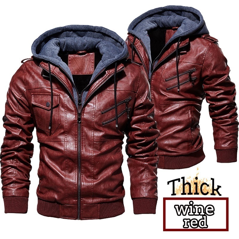 Men's Leather Jacket Autumn Winter Hooded Fur Lined Coat Man Thick Bomber Jacket With Hood Plus Size Vintage Coat Men Jackets 201014
