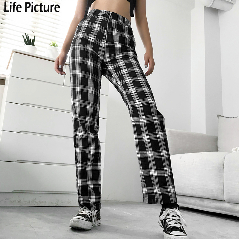 Rapwriter Casual Plaid High Waist Pant Fashion Loose Straight Trousers Checkered Harajuku Baggy Sweatpants Pantalon 201109